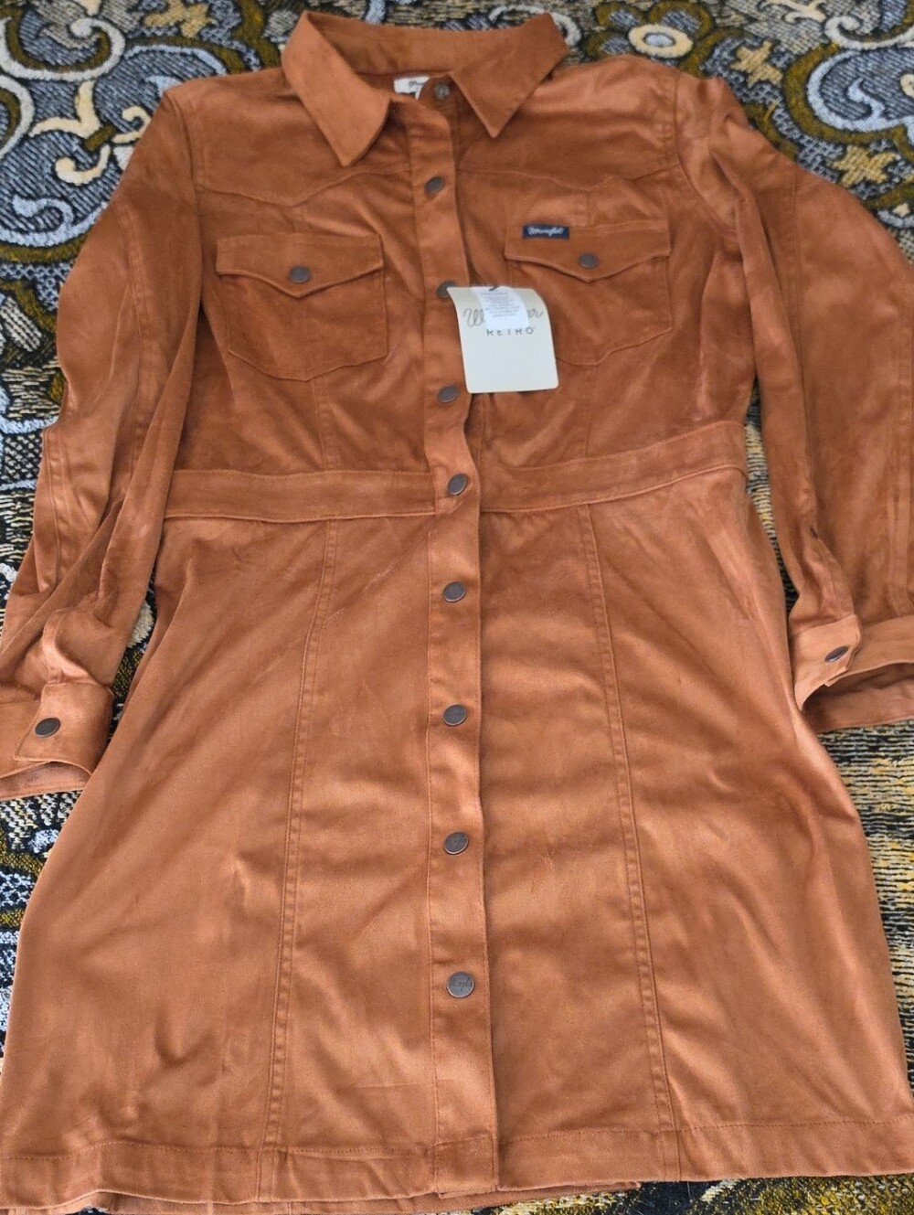 Suede Button-Front Shirt Dress in Rust